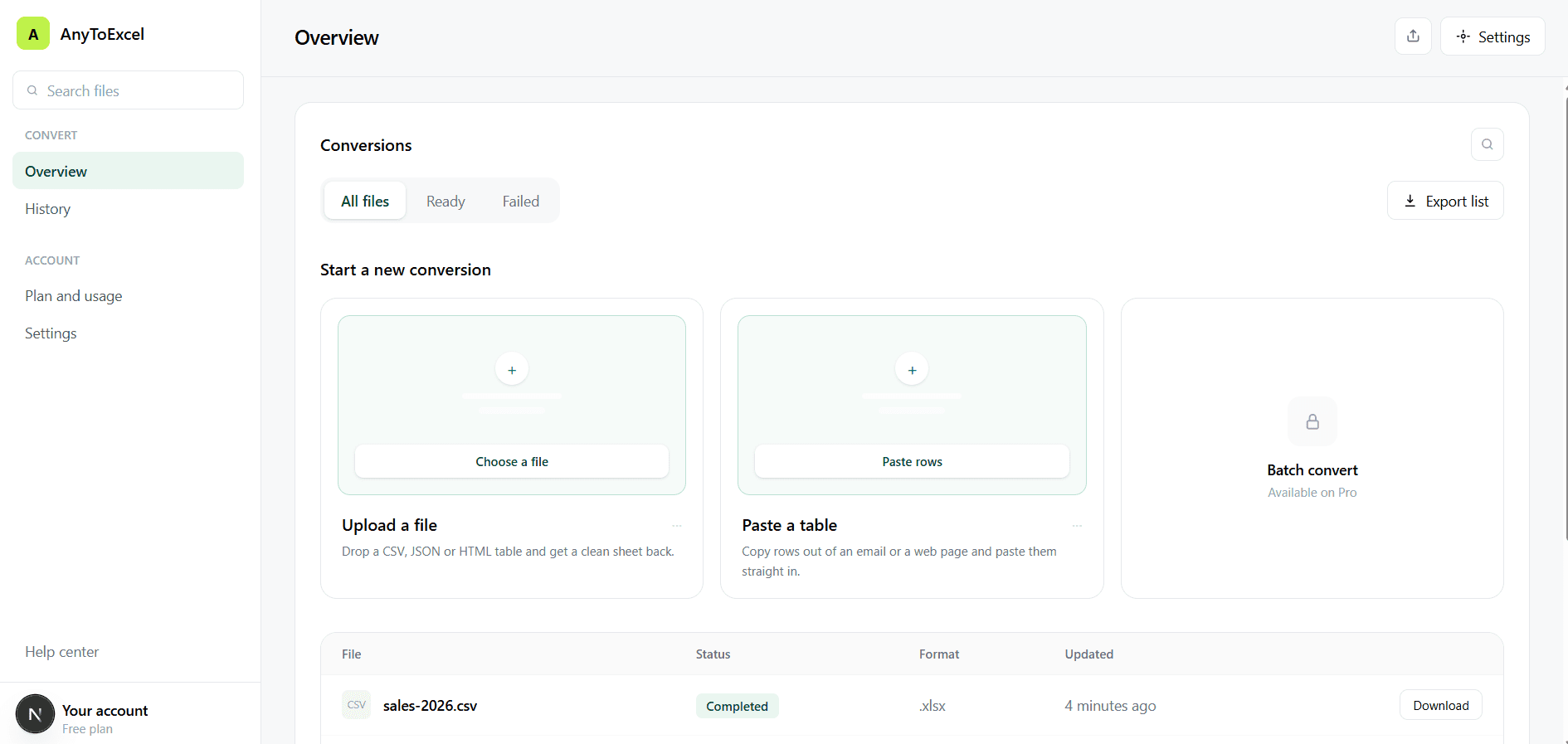 The AnyToExcel dashboard showing recent conversions